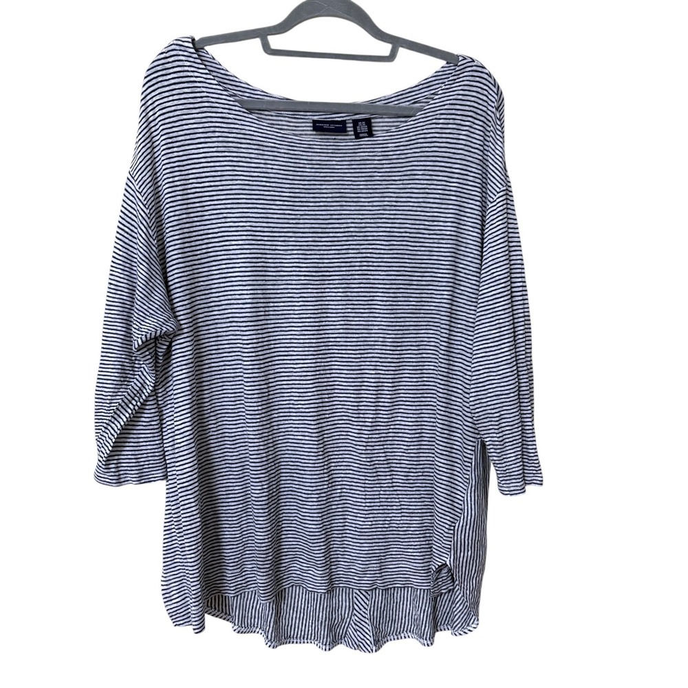 Womens 2X Top Navy White Striped 100% Linen Nautical Coastal Preppy Lagenlook